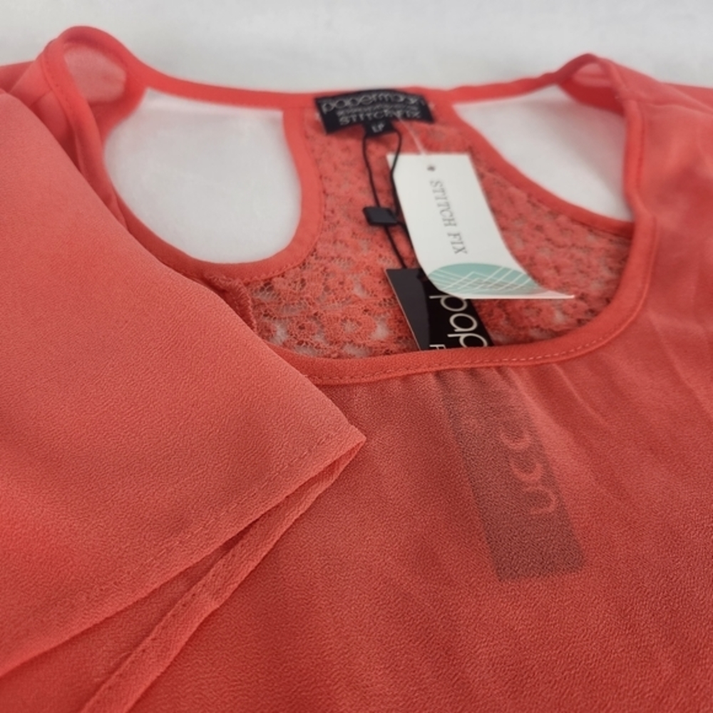 Papermoon Hamlet Lace Detail Blouse Coral Large Petite Short‎ Sleeve Polyester